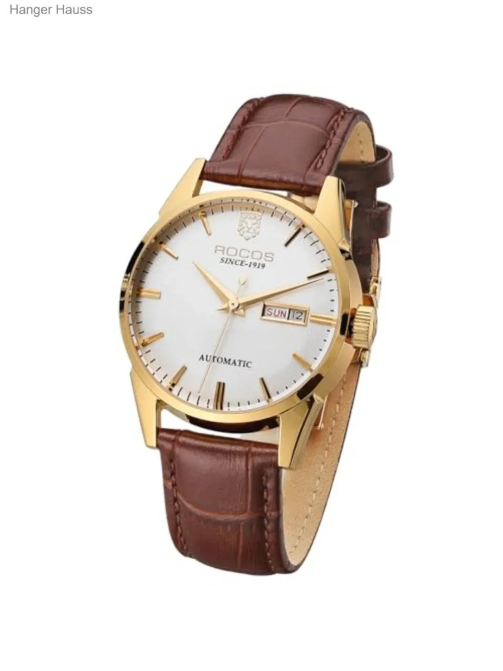 Men's Automatic Mechanical Watch Gold Classic Retro Day Date Genuine Leather